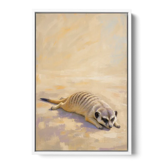 Meerkat Pup Stretched Out in the Warm Sand - White Framed Canvas Wall Art - Front