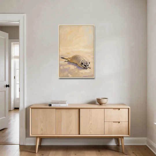 Meerkat Pup Stretched Out in the Warm Sand - Oak Framed Canvas Wall Art - Coffee Table - 24x36