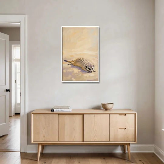Meerkat Pup Stretched Out in the Warm Sand - White Framed Canvas Wall Art - Coffee Table - 24x36
