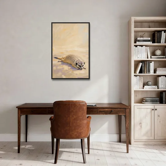 Meerkat Pup Stretched Out in the Warm Sand - Black Framed Canvas Wall Art - Office - 24x36
