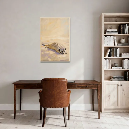Meerkat Pup Stretched Out in the Warm Sand - Oak Framed Canvas Wall Art - Office - 24x36