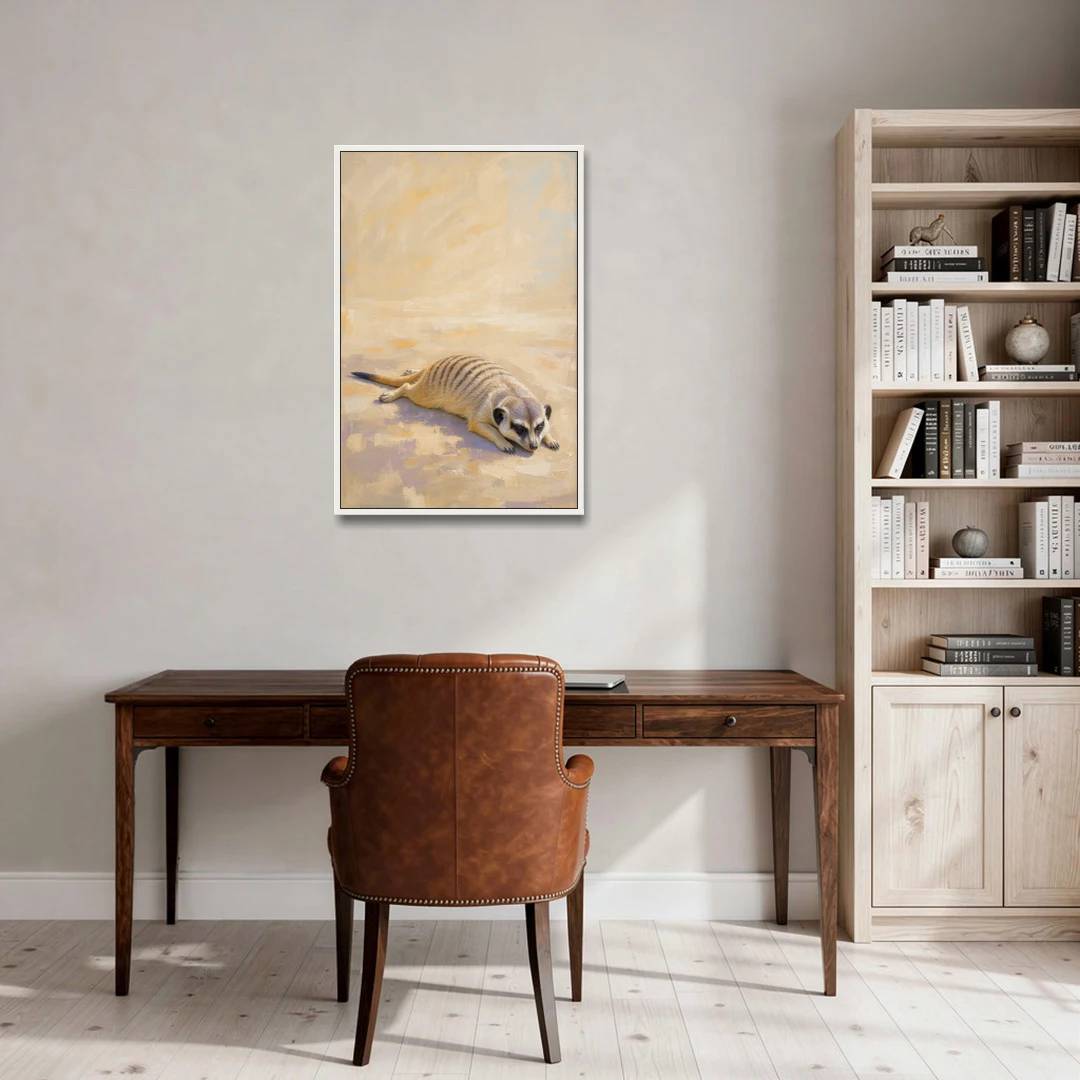 Meerkat Pup Stretched Out in the Warm Sand - White Framed Canvas Wall Art - Office - 24x36