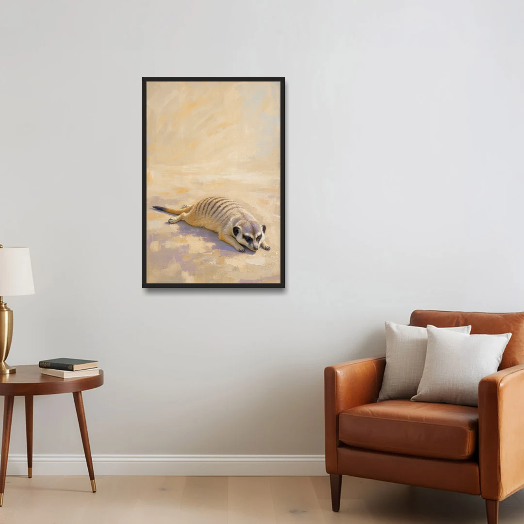 Meerkat Pup Stretched Out in the Warm Sand - Black Framed Canvas Wall Art - Sofa - 24x36