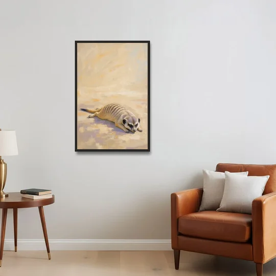 Meerkat Pup Stretched Out in the Warm Sand - Black Framed Canvas Wall Art - Sofa - 24x36