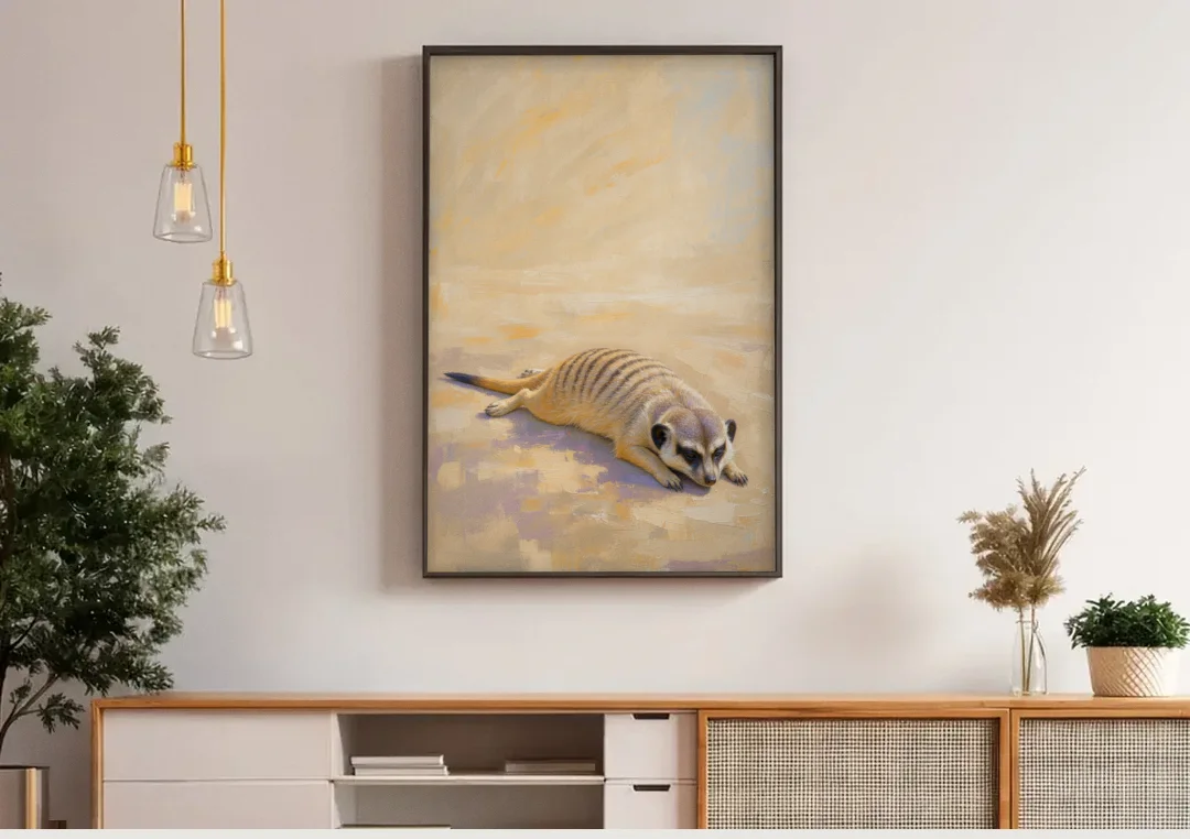 Meerkat Pup Stretched Out in the Warm Sand canvas wall art above a wooden sideboard under pendant lights