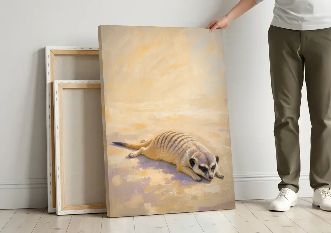 Meerkat Pup Stretched Out in the Warm Sand canvas wall art leaning against a wall next to blank canvases