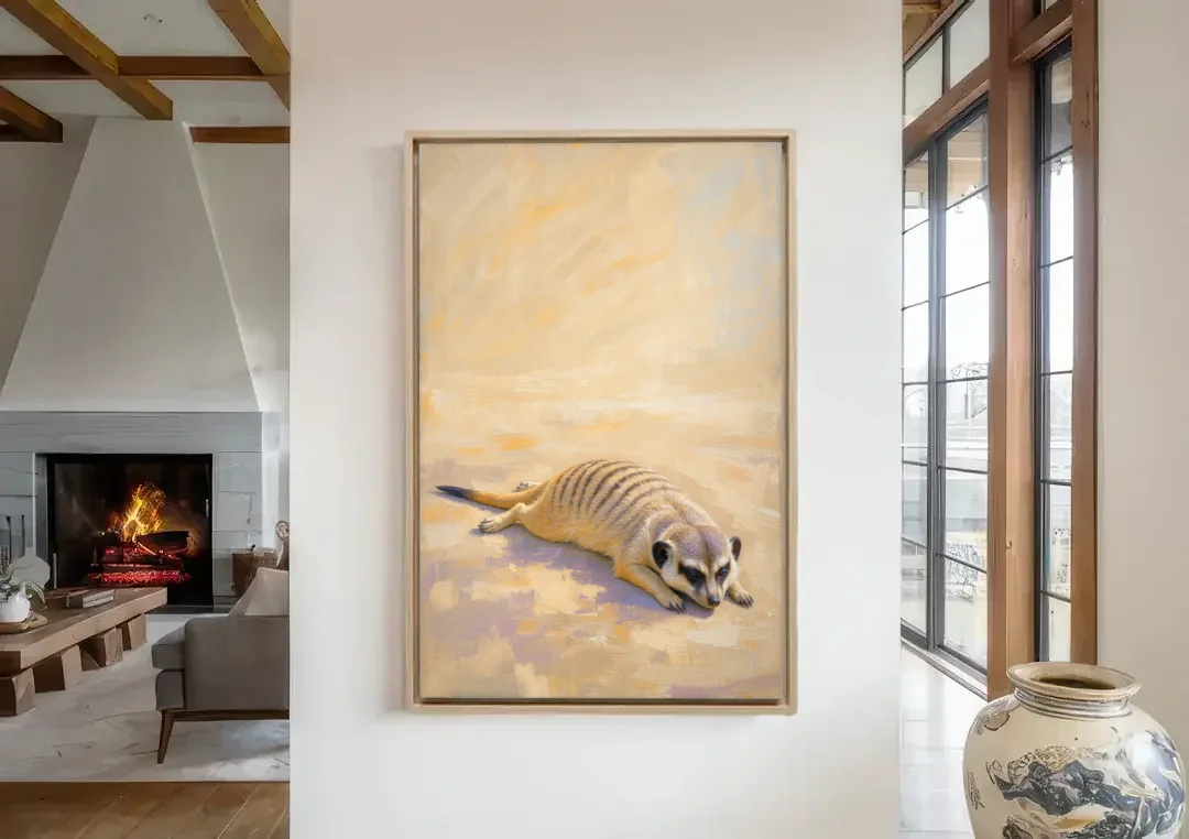 Meerkat Pup Stretched Out in the Warm Sand canvas wall art in a living room with a fireplace