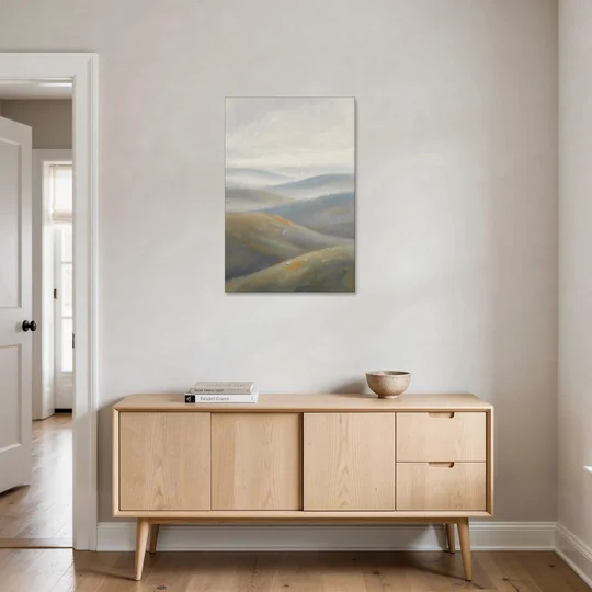 Meeting Room Decor with Misty Rolling Hills - Canvas Wall Art - Coffee Table - 24x36