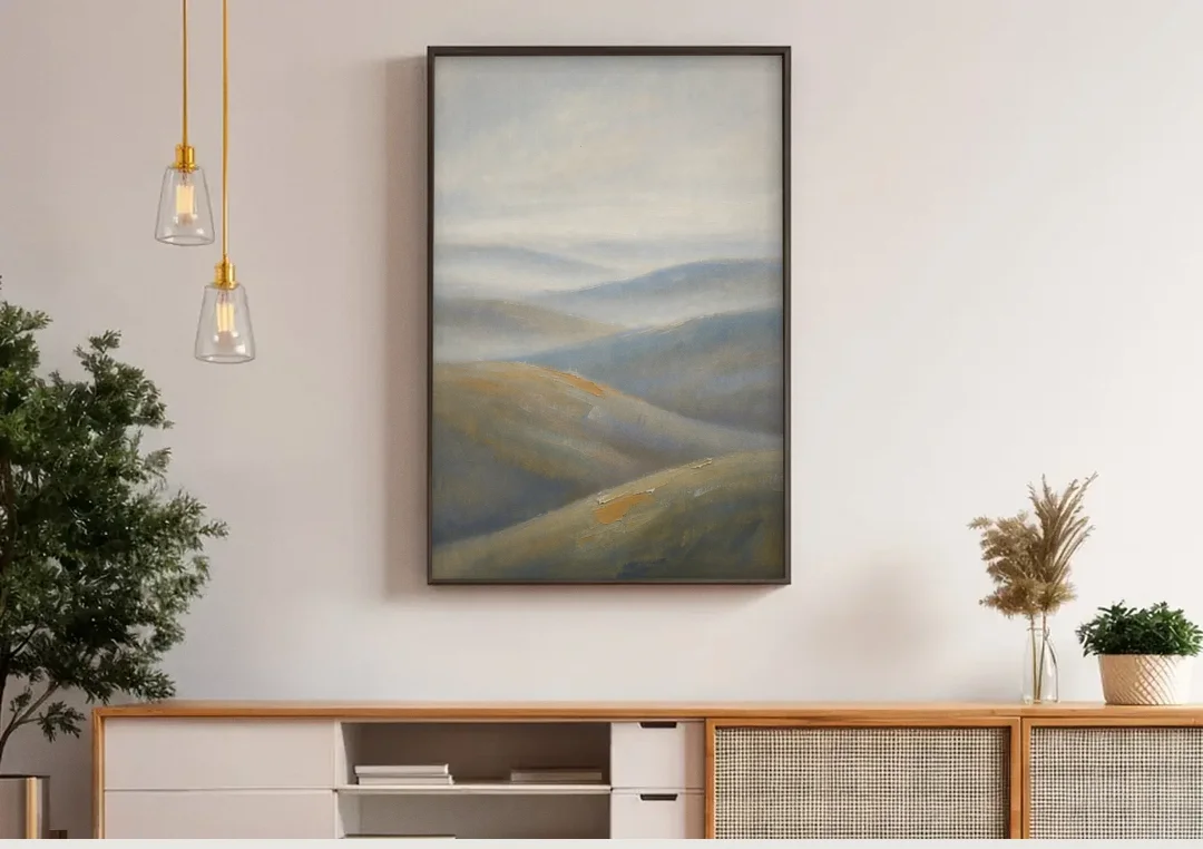 Meeting Room Decor with Misty Rolling Hills canvas wall art above a wooden sideboard under pendant lights