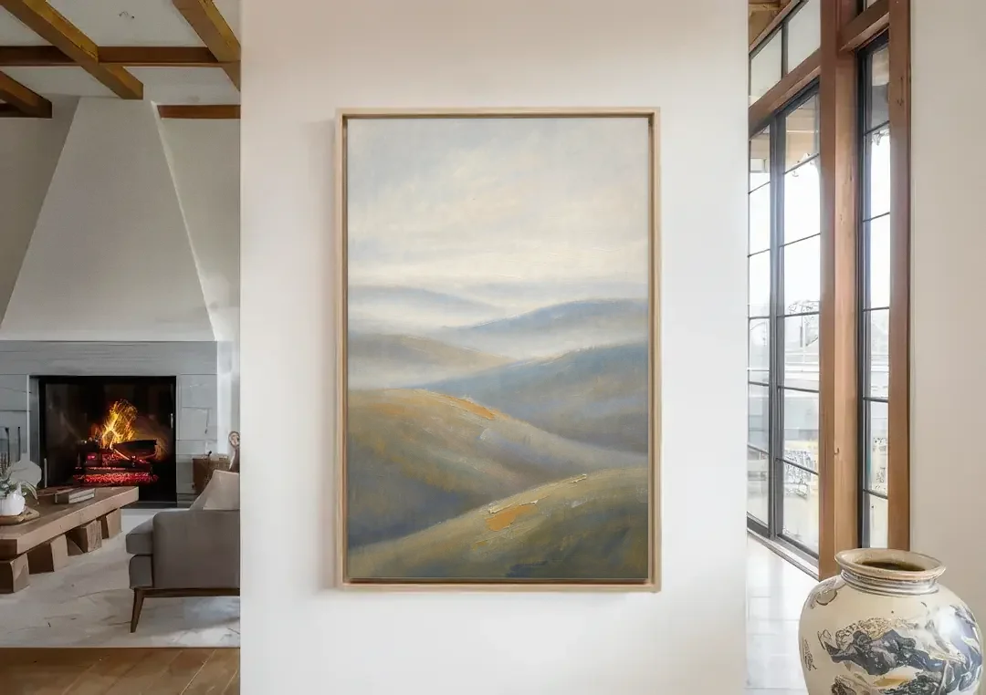 Meeting Room Decor with Misty Rolling Hills canvas wall art in a living room with a fireplace