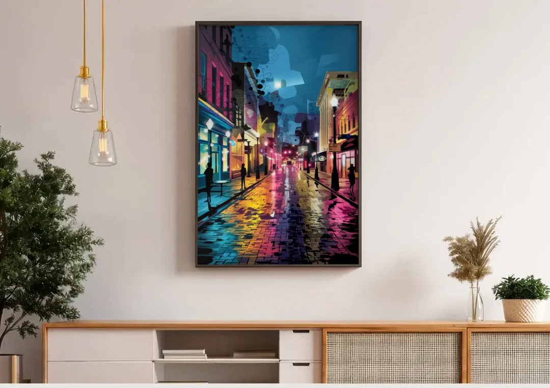 Memphis Historic Beale Street canvas wall art above a wooden sideboard under pendant lights