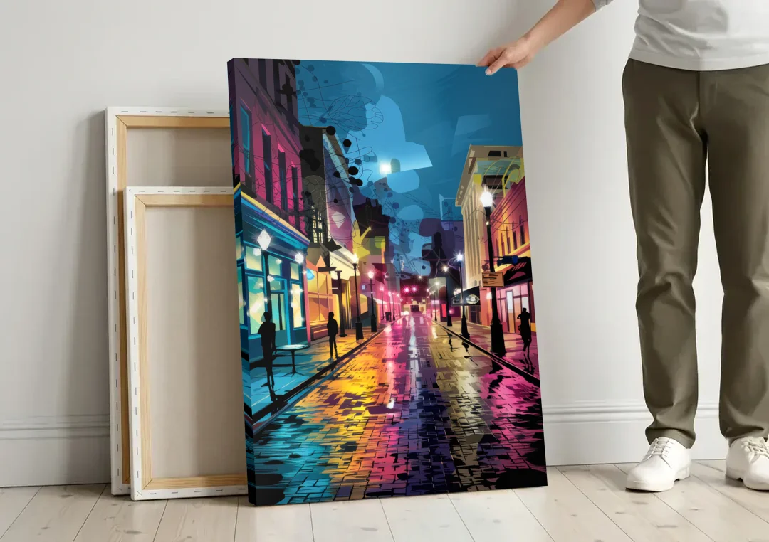 Memphis Historic Beale Street canvas wall art leaning against a wall next to blank canvases