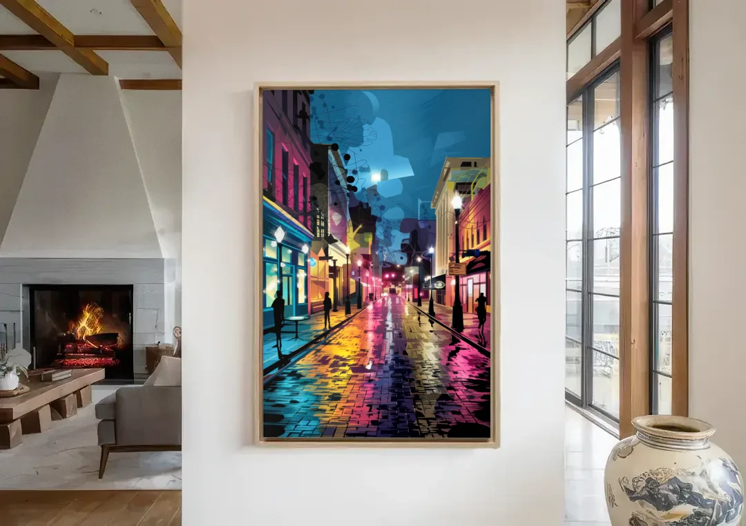 Memphis Historic Beale Street canvas wall art in a living room with a fireplace