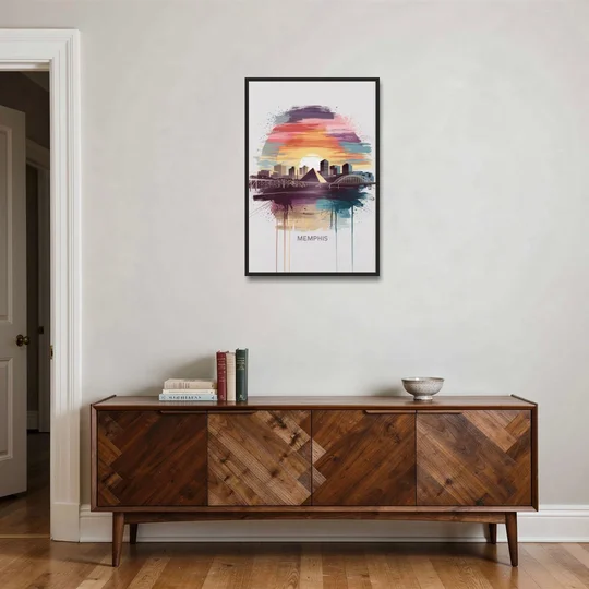 Memphis Skyline at Sunset - Black Framed Canvas Wall Art - Coffee Table - 24x36