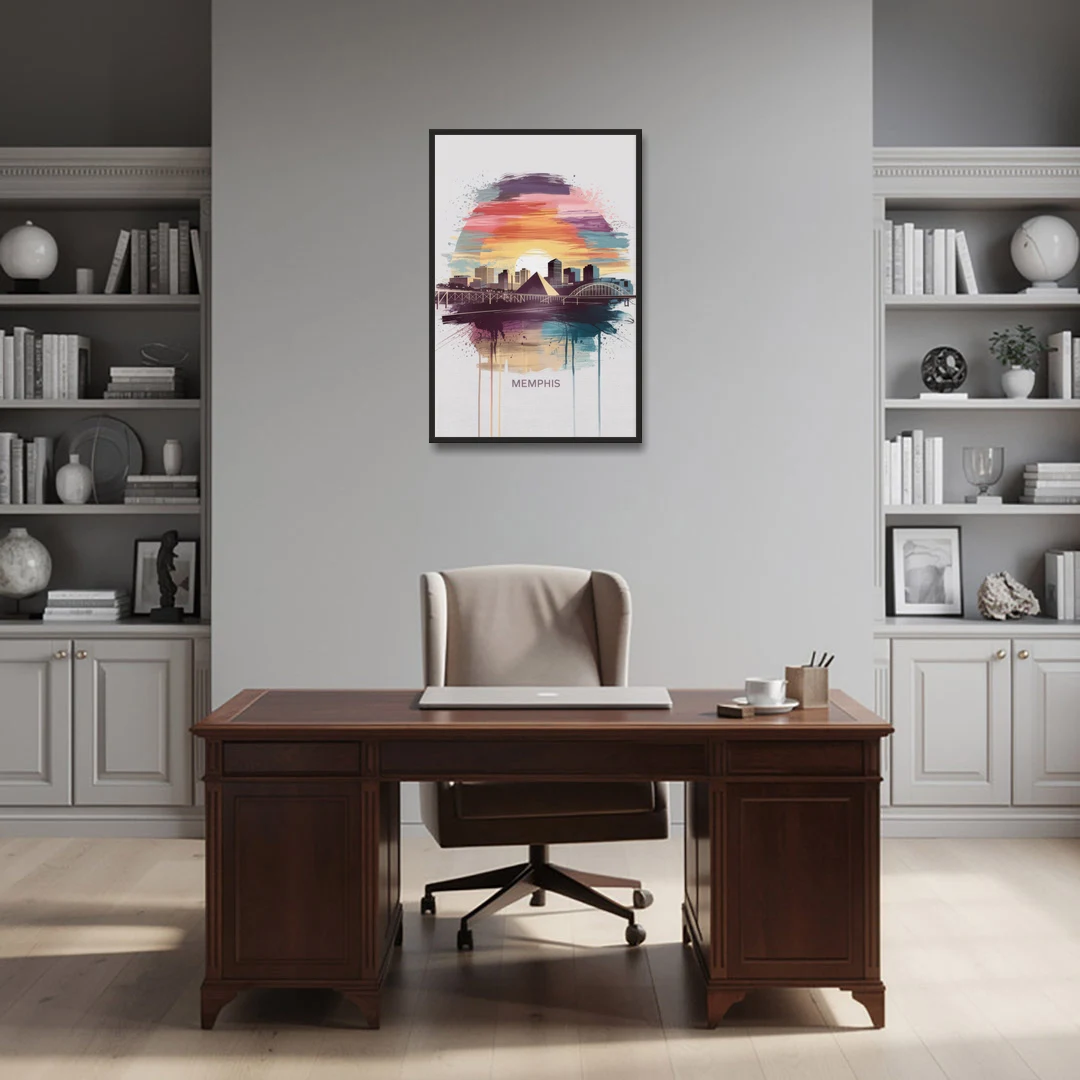 Memphis Skyline at Sunset - Black Framed Canvas Wall Art - Office - 24x36