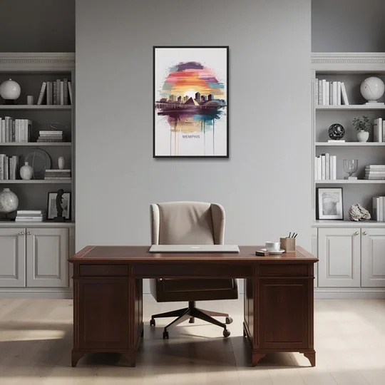 Memphis Skyline at Sunset - Black Framed Canvas Wall Art - Office - 24x36