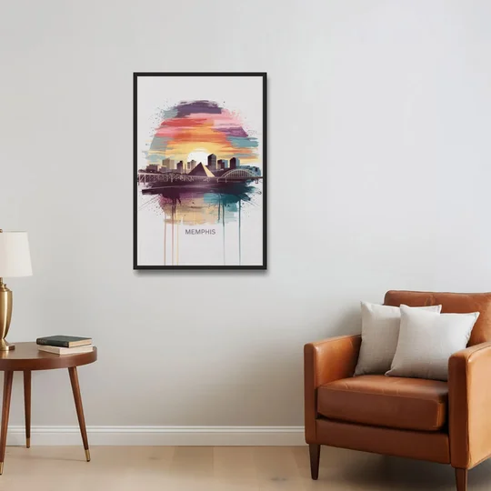 Memphis Skyline at Sunset - Black Framed Canvas Wall Art - Sofa - 24x36
