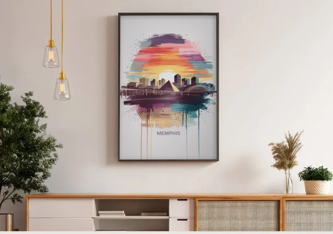 Memphis Skyline at Sunset canvas wall art above a wooden sideboard under pendant lights