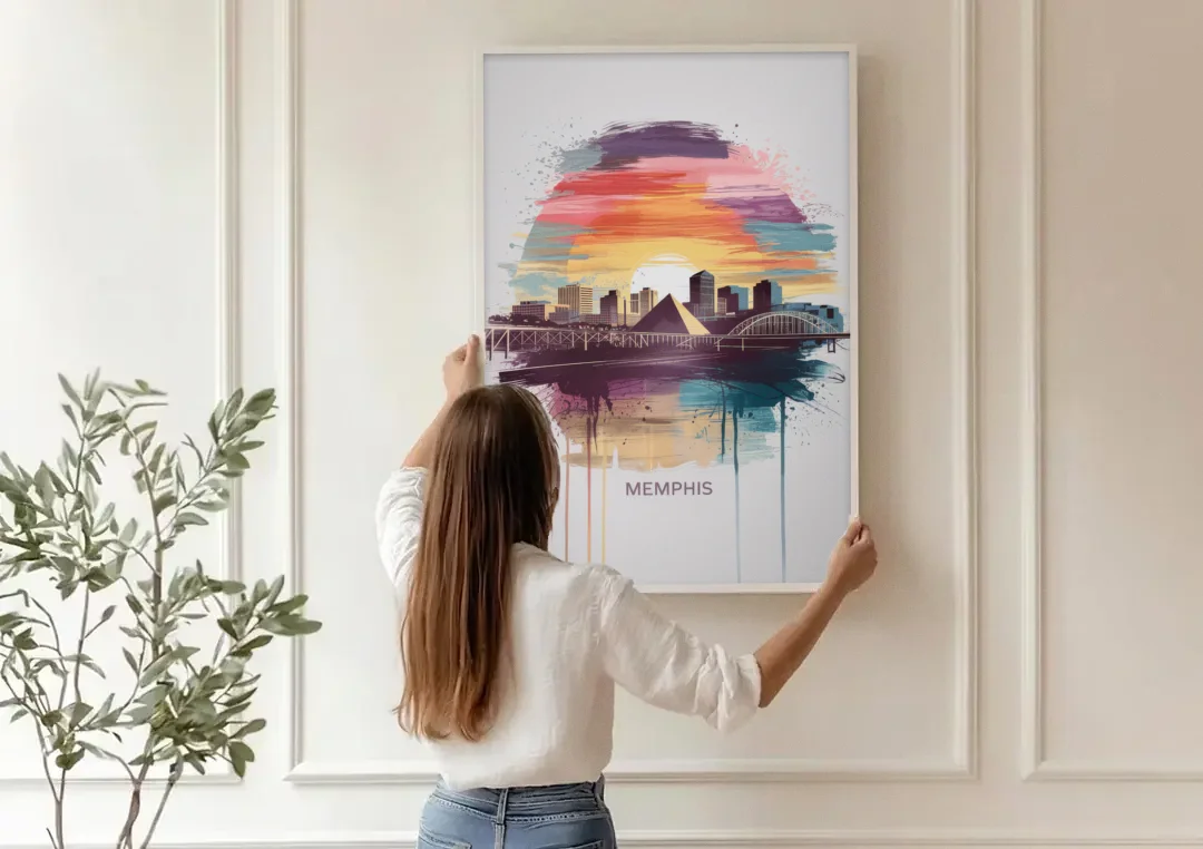 Memphis Skyline at Sunset canvas wall art being hung on a paneled wall