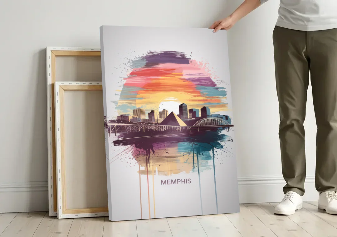 Memphis Skyline at Sunset canvas wall art leaning against a wall next to blank canvases