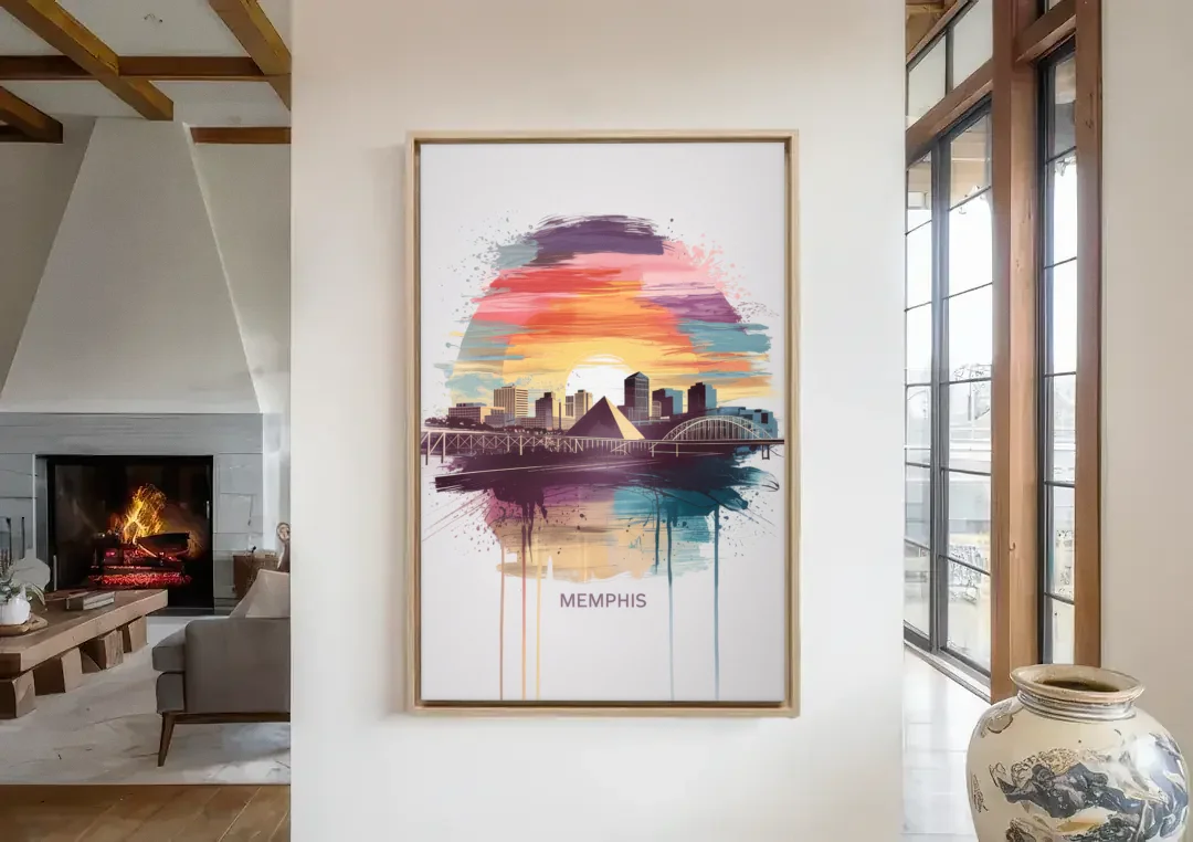Memphis Skyline at Sunset canvas wall art in a living room with a fireplace