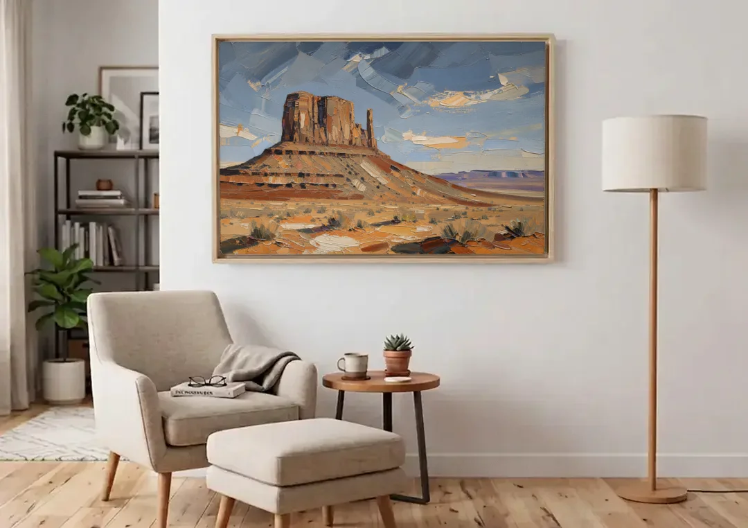 Men's Office Desert Mesa Under Slate Sky canvas wall art above an armchair in a bright living room