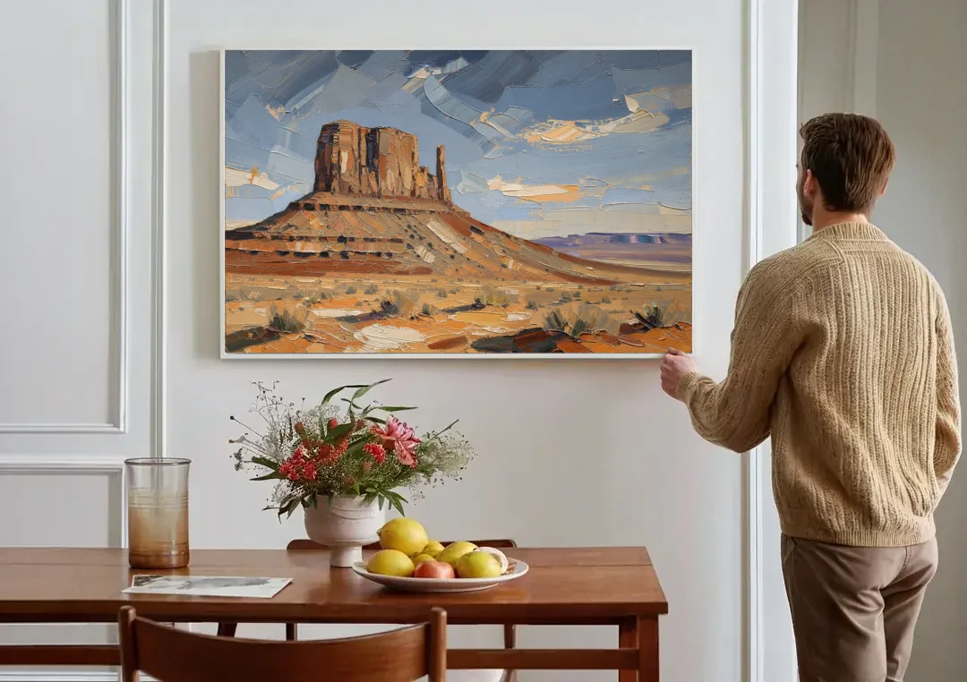 Men's Office Desert Mesa Under Slate Sky canvas wall art above a dining table