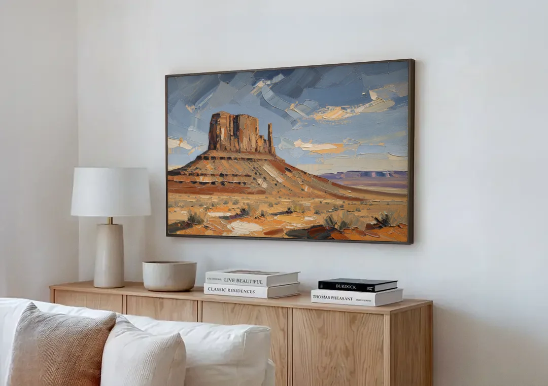 Men's Office Desert Mesa Under Slate Sky canvas wall art above a wooden sideboard next to a sofa