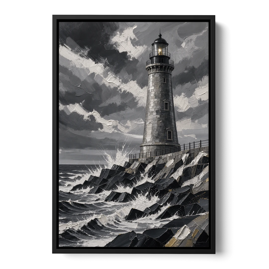 Mens Wall Art Stone Lighthouse in the Storm - Black Framed Canvas Wall Art - Front