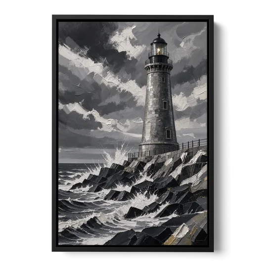 Mens Wall Art Stone Lighthouse in the Storm - Black Framed Canvas Wall Art - Front