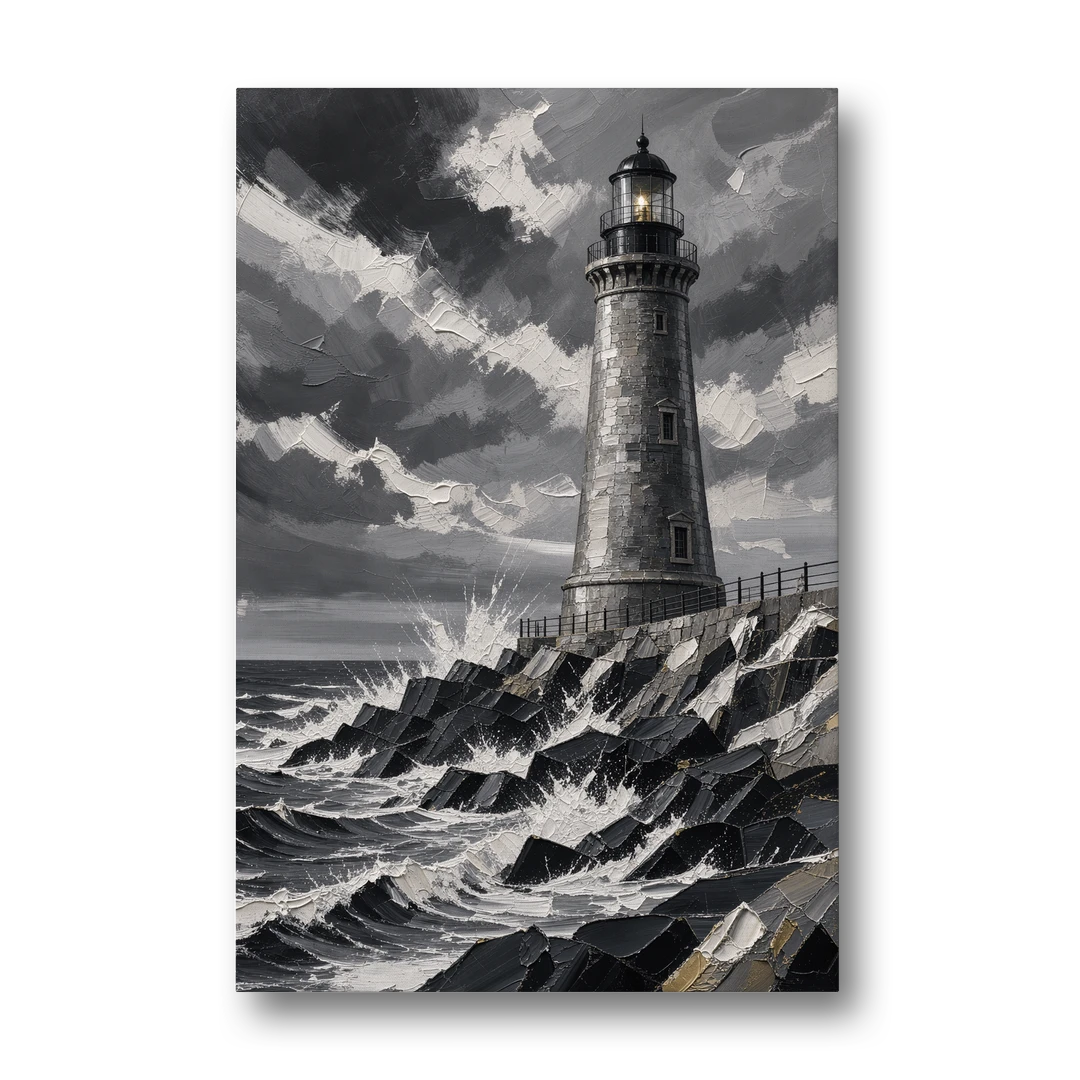 Mens Wall Art Stone Lighthouse in the Storm - Canvas Wall Art - Front