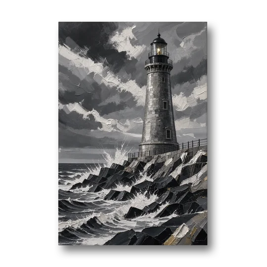 Mens Wall Art Stone Lighthouse in the Storm - Canvas Wall Art - Front