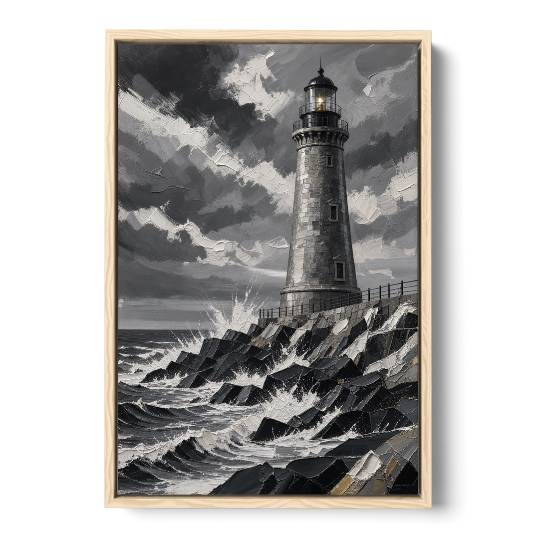 Mens Wall Art Stone Lighthouse in the Storm - Oak Framed Canvas Wall Art - Front
