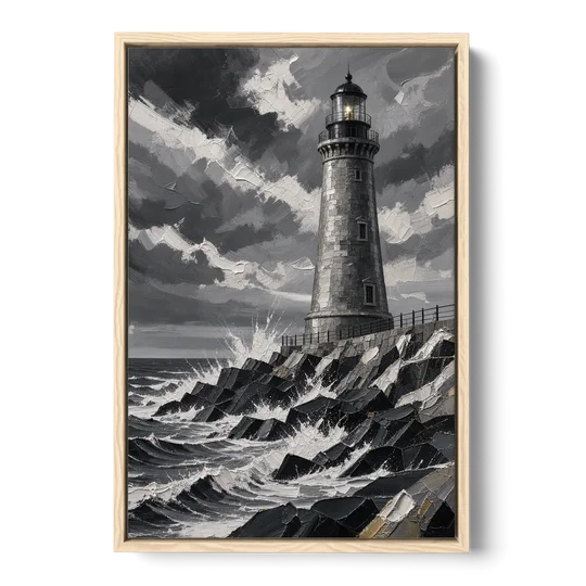 Mens Wall Art Stone Lighthouse in the Storm - Oak Framed Canvas Wall Art - Front