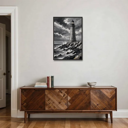 Mens Wall Art Stone Lighthouse in the Storm - Black Framed Canvas Wall Art - Coffee Table - 24x36