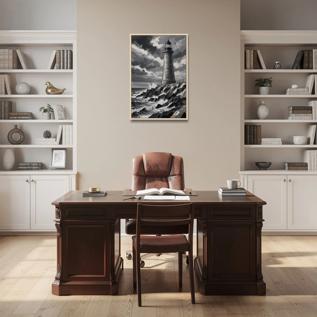 Mens Wall Art Stone Lighthouse in the Storm - Oak Framed Canvas Wall Art - Office - 24x36