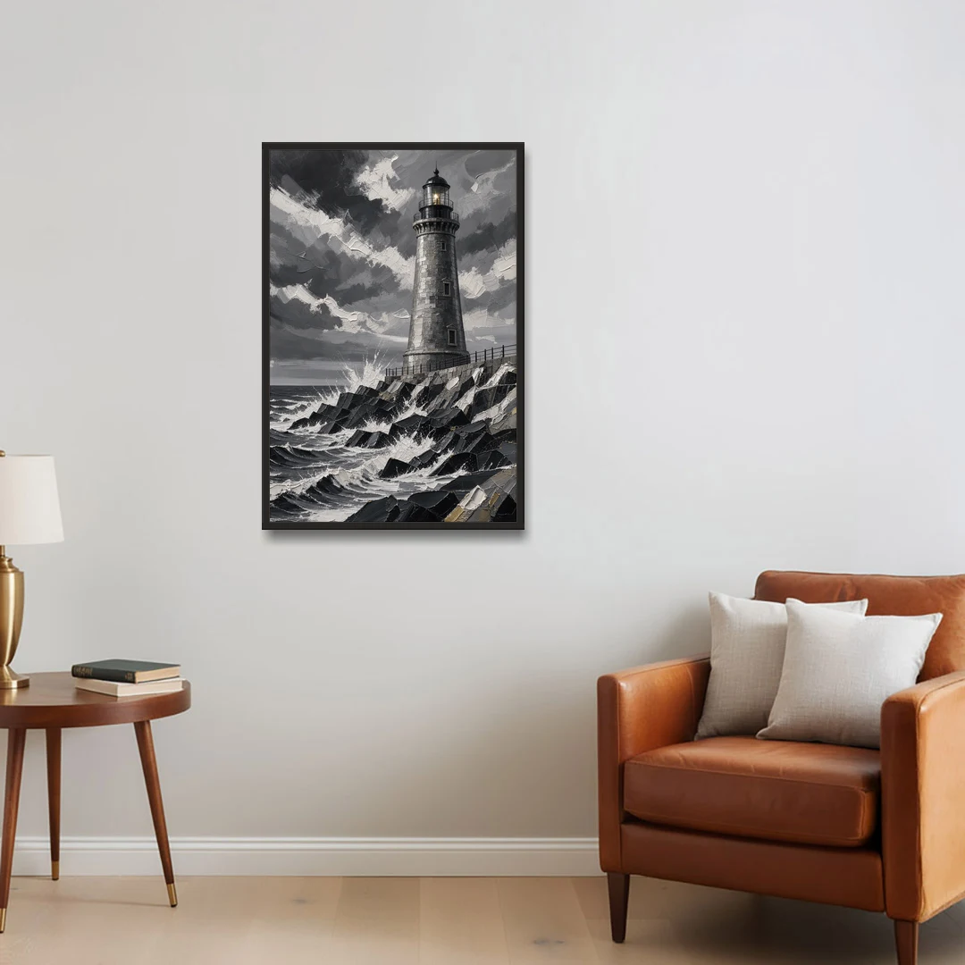 Mens Wall Art Stone Lighthouse in the Storm - Black Framed Canvas Wall Art - Sofa - 24x36