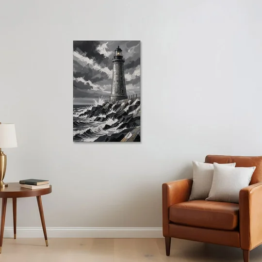 Mens Wall Art Stone Lighthouse in the Storm - Canvas Wall Art - Sofa - 24x36