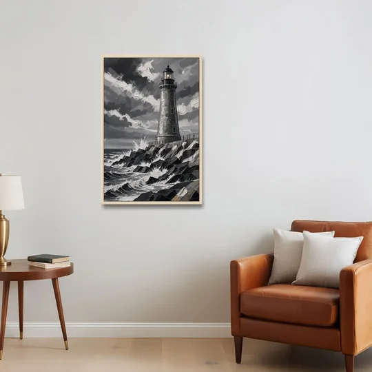 Mens Wall Art Stone Lighthouse in the Storm - Oak Framed Canvas Wall Art - Sofa - 24x36