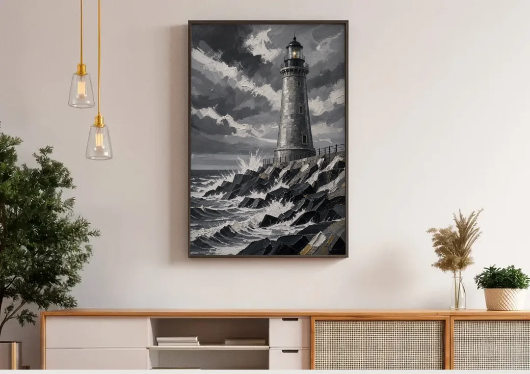 Mens Wall Art Stone Lighthouse in the Storm canvas wall art above a wooden sideboard under pendant lights
