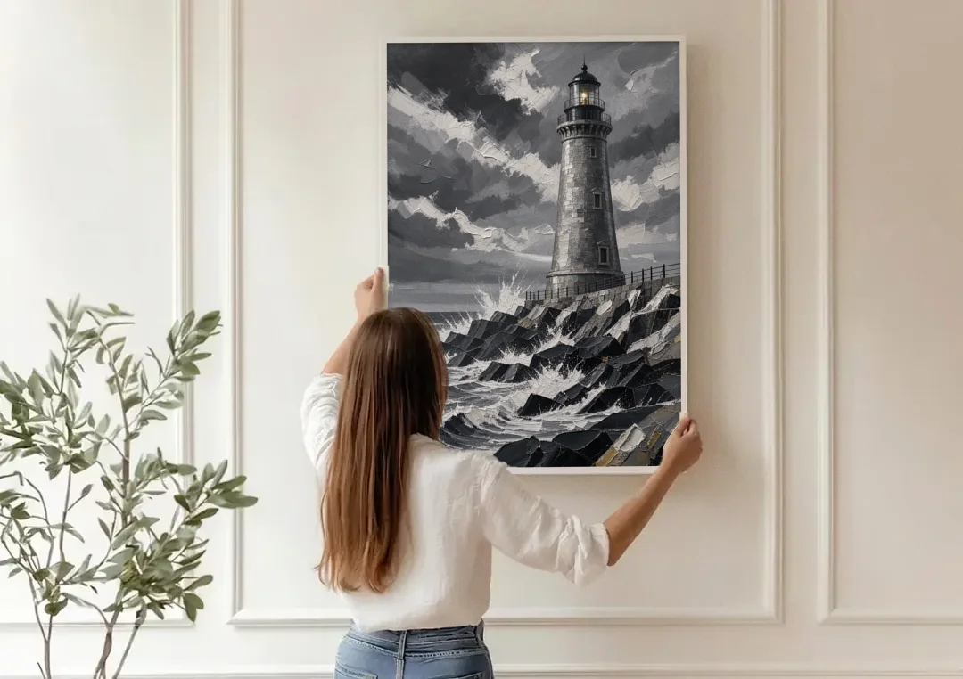 Mens Wall Art Stone Lighthouse in the Storm canvas wall art being hung on a paneled wall