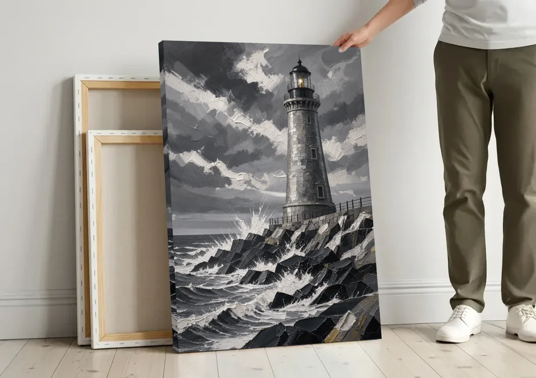 Mens Wall Art Stone Lighthouse in the Storm canvas wall art leaning against a wall next to blank canvases