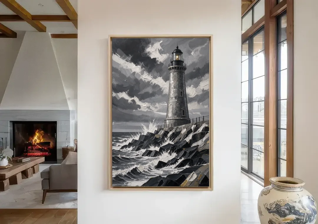 Mens Wall Art Stone Lighthouse in the Storm canvas wall art in a living room with a fireplace