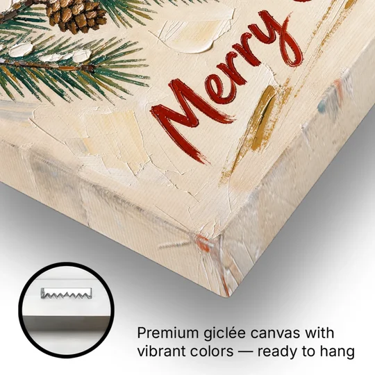 Merry Christmas Painting with Snowy Pine Bough - Canvas Wall Art - Gallery Wrap Corner