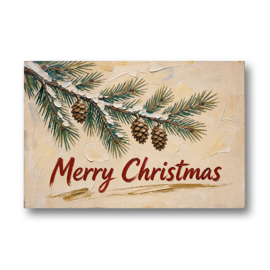 Merry Christmas Painting with Snowy Pine Bough - Canvas Wall Art - Front