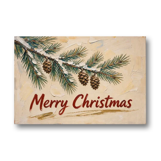 Merry Christmas Painting with Snowy Pine Bough - Canvas Wall Art - Front