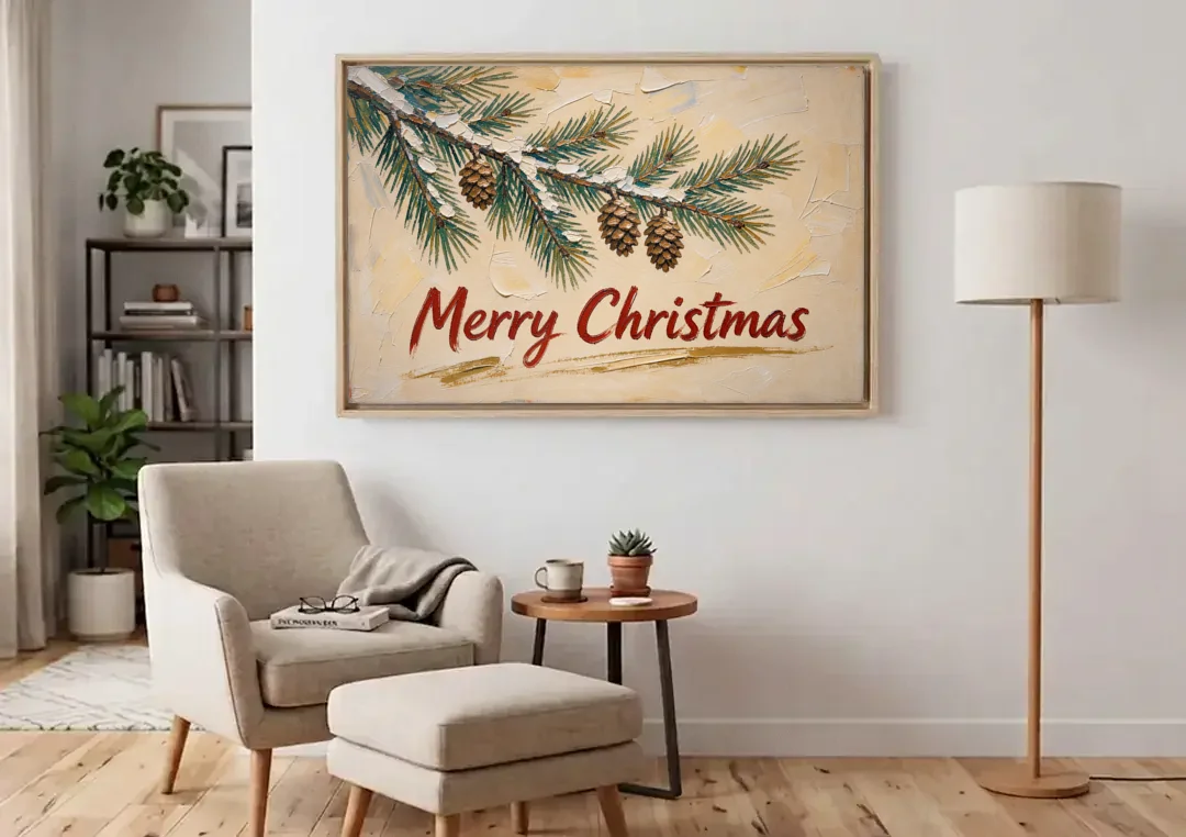 Merry Christmas Painting with Snowy Pine Bough canvas wall art above an armchair in a bright living room