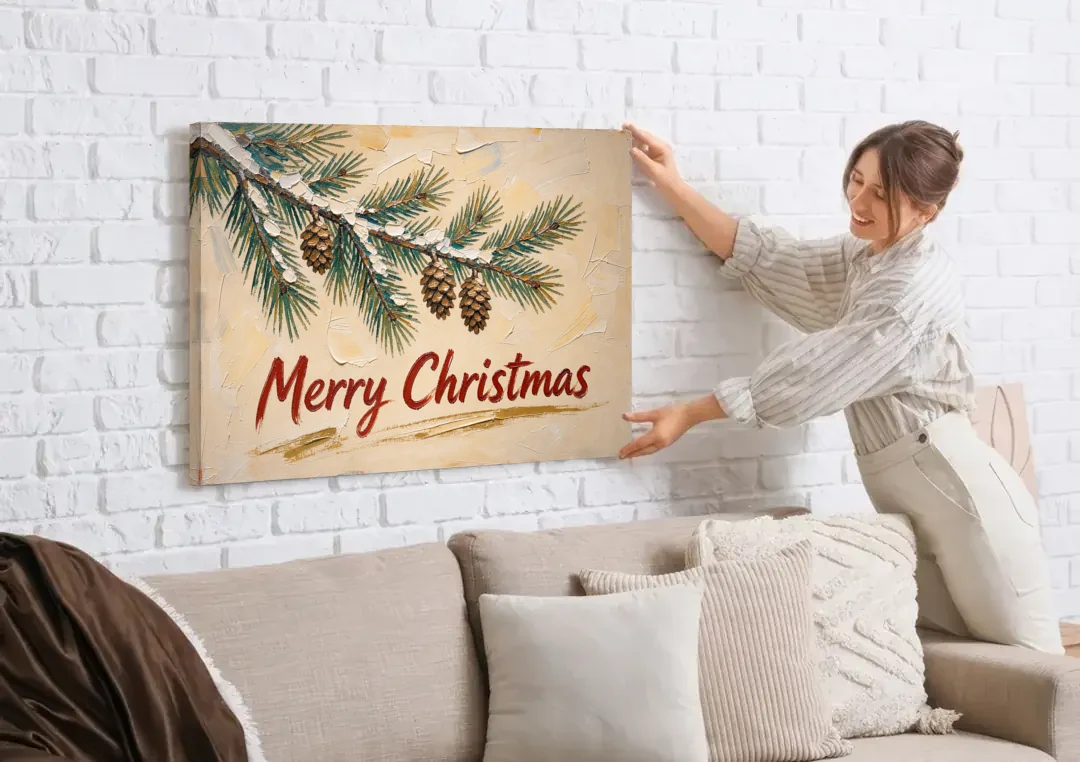 Merry Christmas Painting with Snowy Pine Bough canvas wall art being hung on a white brick wall above a sofa
