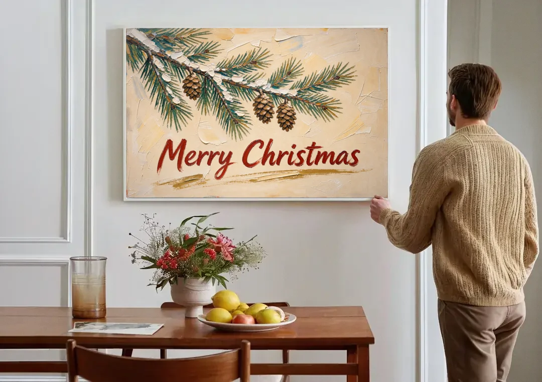 Merry Christmas Painting with Snowy Pine Bough canvas wall art above a dining table