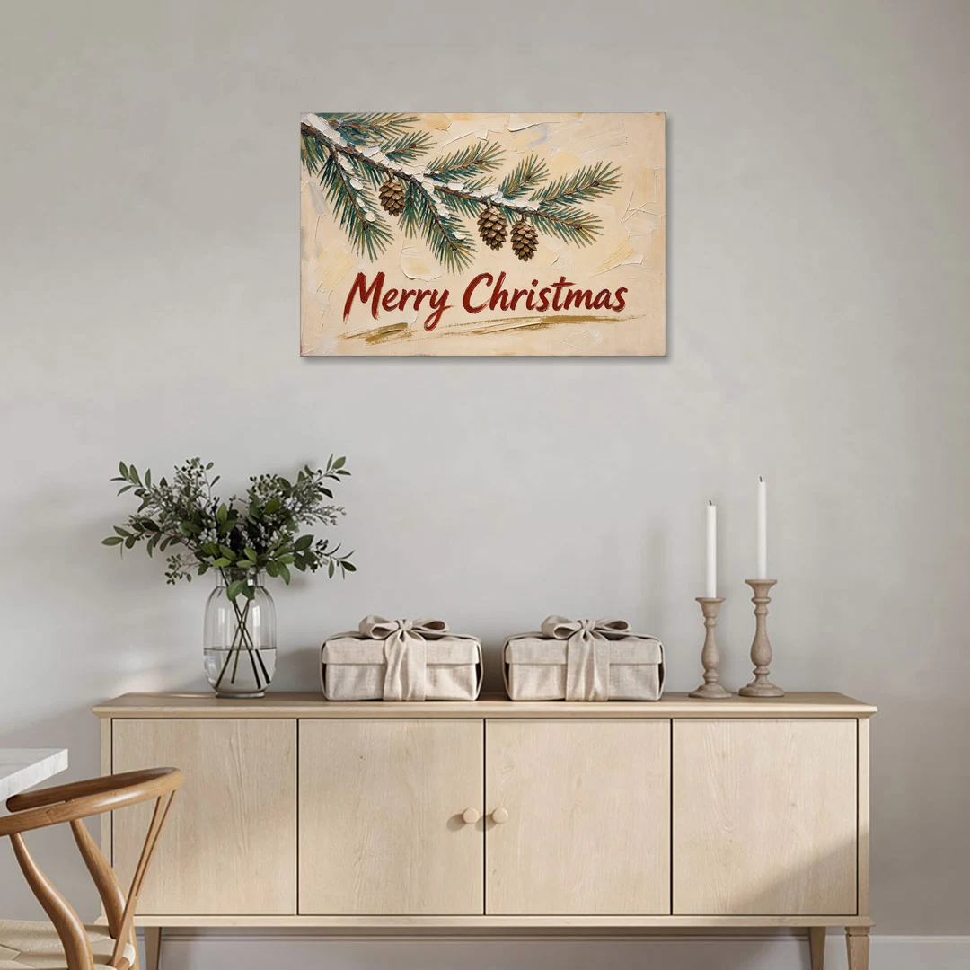 Merry Christmas Painting with Snowy Pine Bough - Canvas Wall Art - Coffee Table - 36x24